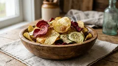 Hemlagade ugnsbakade chips: krispiga skivor av potatis, rödbetor och zucchini